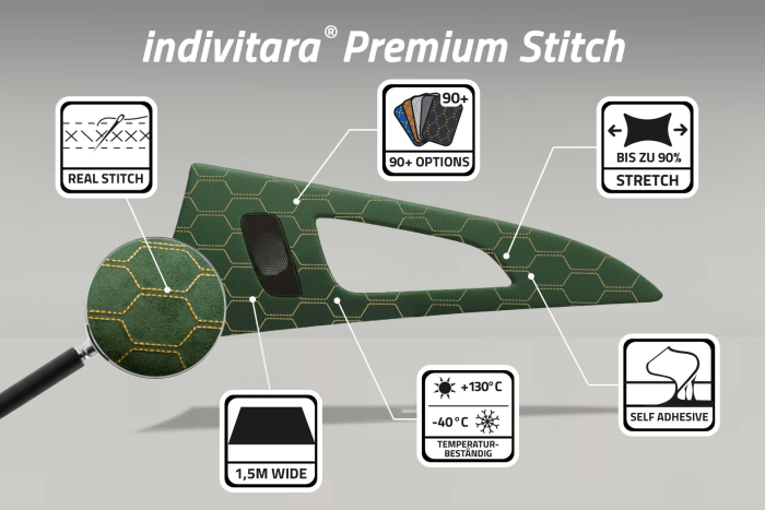 indivitara® Premium Stitch - selbstklebender Mikrofaserstoff Premium mit echten Nähten - Meterware - verschiedene Farben