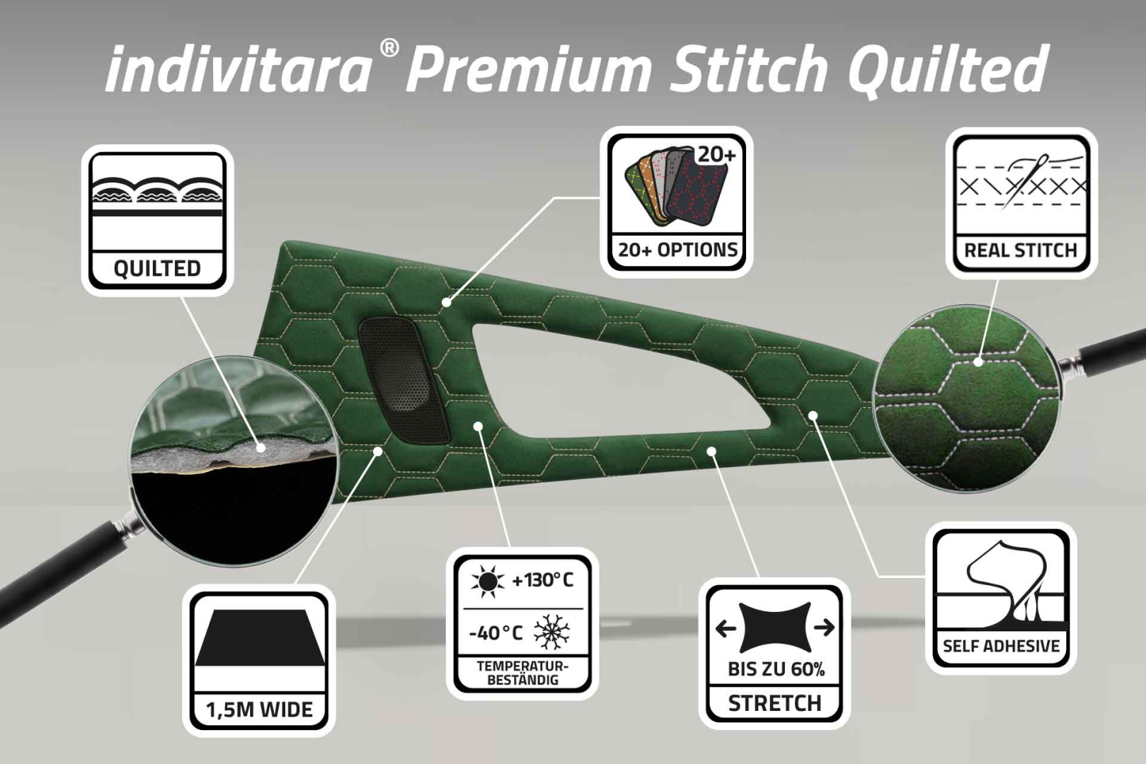 indivitara® Premium Stitch Quilted - selbstklebender Mikrofaserstoff Premium mit gesteppten Muster und echten Nähten - Meterware - verschiedene Farben